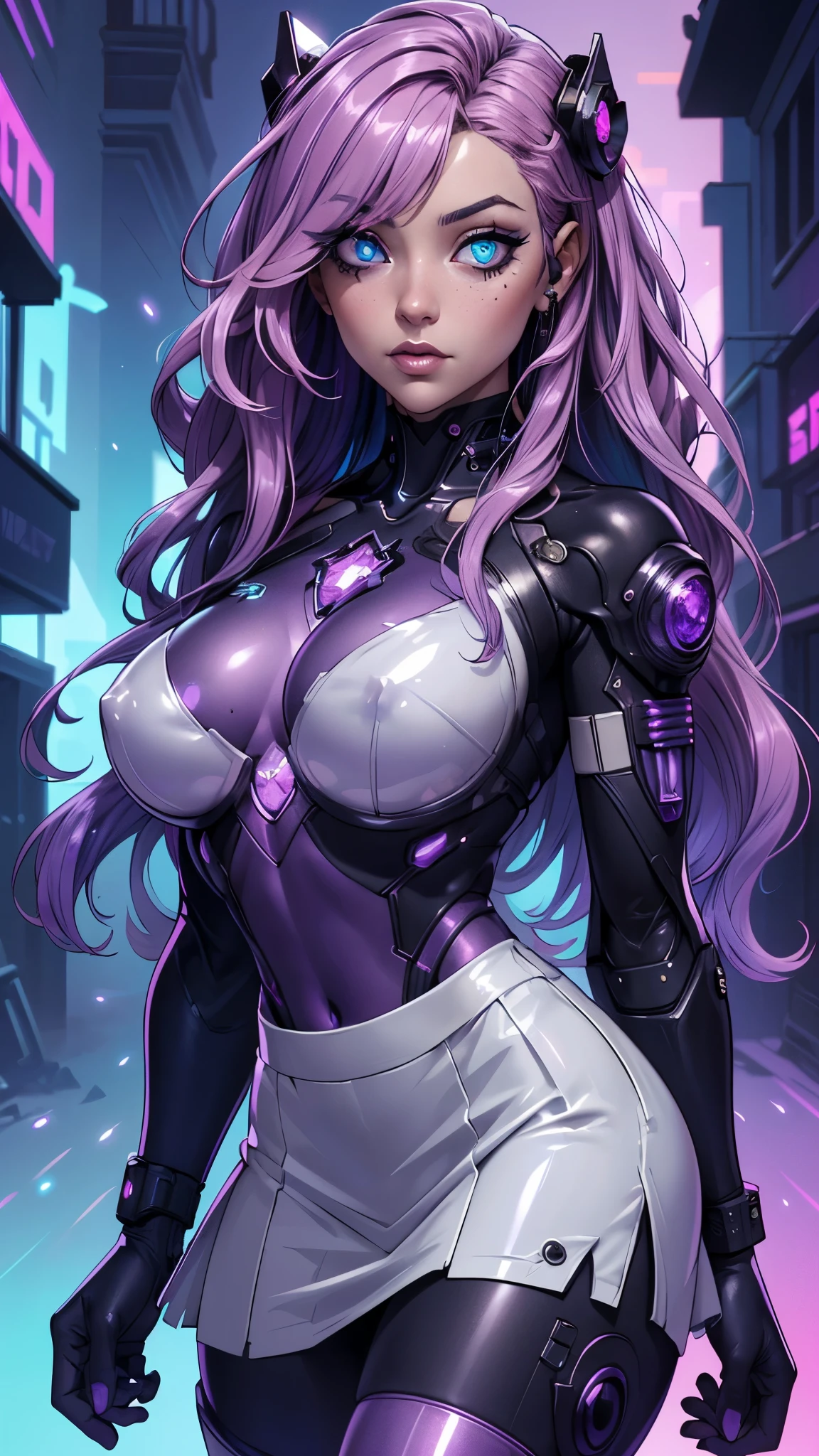 (La mejor calidad,A high resolution,Ultra - detallado,actual),Ariana Grande cyber enhanced female cyborg wearing (Sparkling Bodysuit:1.4) (Amethyst Purple Tulle Skirt with Color-Shifting Glimmer:1.4 ) (Swoop Bangs hairstyle:1.1), (Bride,Siniy Blue color background:1.3), More detailed 8K.motor irreal:1.4,UHD,La mejor calidad:1.4, fotorrealista:1.4, textura de la piel:1.4, obra maestra:1.8,obra-prima, mejor calidad,objeto Objeto], (detailed face features:1.3),(Las proporciones correctas),(Ojos hermosos azules:1.4 ),  (pose vaquero),( face detailed :1.4), ,(Cyberpunk alley ruined dungeon ruins background :1.4 ), (dedos hermosos detailed:1.4),( face detailed :1.4), (cyborg white transparent plastic :1.4), (tiene un velo de novia White:1.4), score_9, score_8_up, score_7_up, score_6_up, rating_explicit, 1girl, ((18YO:1.2)), Adult, full lips, big clear eyes, light blue eyes, ((pink hair:1)), (long wavy hair pink : 1.2),