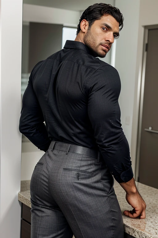 Un hombre negro con la cara se parece a Henry Cavill. Black man, Su cuerpo es musculoso y pe barba dentada.  Big butt, in a moment of reflection. Full body. Camisa Fajada, ropa semi formal, pantalon gris, backside. 