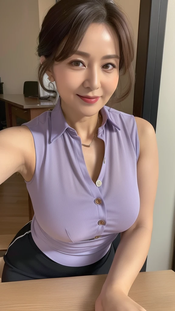 ((highest quality, 8k, masterpiece, Portraiture: 1.3)), (Observe the audience), 魅力的なビジネスのMature Woman, (1 person:1.3), A little chubby:0.35,(Brown hair up)、 White collared shirt, Grey mini skirt,(Big Breasts:1.1),(Large pelvis:0.8), smile:0.2、(((Mature Woman))), (((56 years old))),(All the buttons on the shirt are fastened:1.2),(See-through shirt:1.2),(Her erect nipples are slightly visible through the fabric:1.3),(No bra:1.2),Sexual charm,(Sleeveless shirt:1.4),((Chest on the table:1.4)),((Lean on the table:1.4))