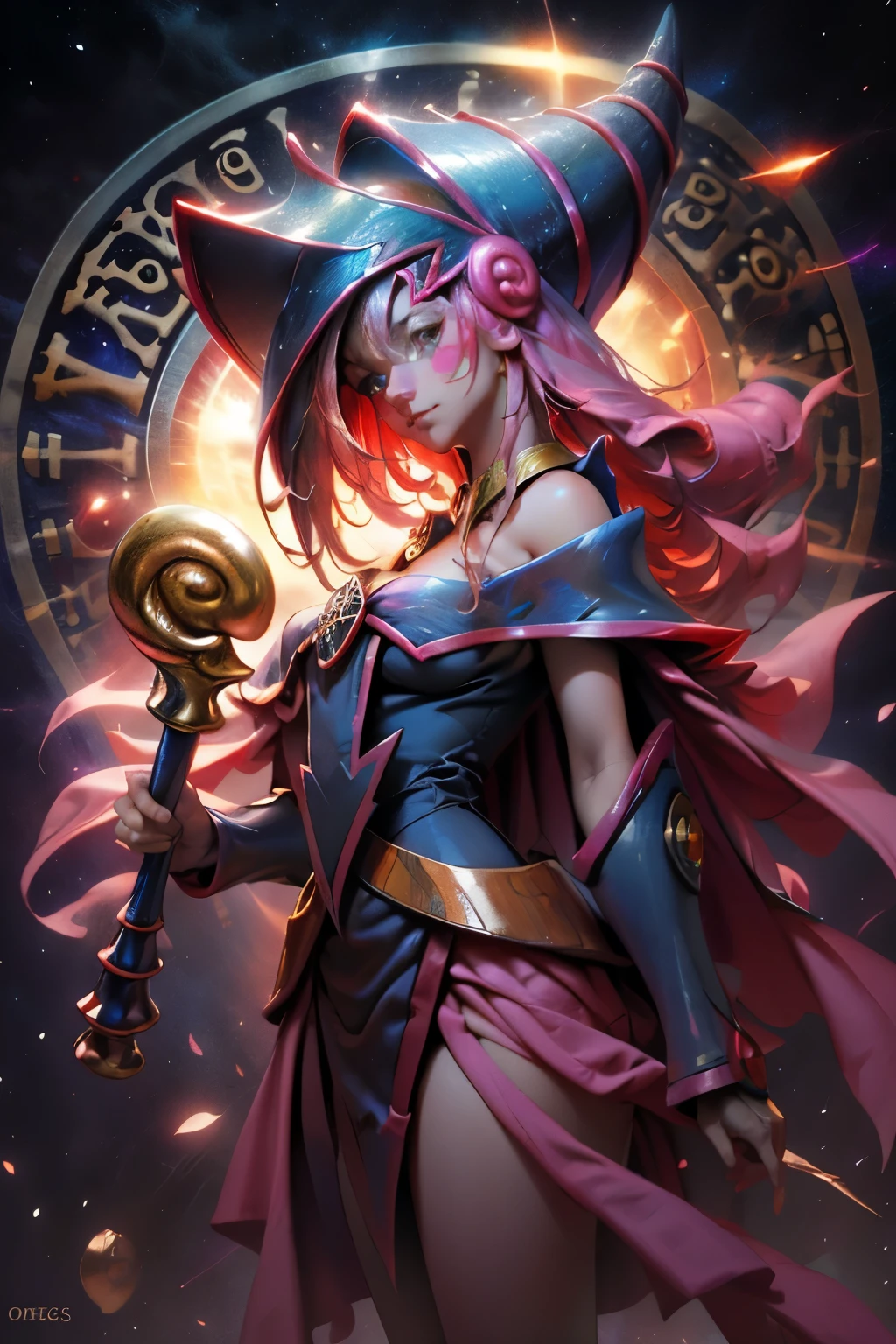 Giles magos oscuros. magos oscuros. ojos azules. cabello rubio. labios rojos. Detailed Features.., cosmic colors, ethereal lighting, Pintura surrealista, high resolution, otherworldly atmosphere, Seres celestiales. Hermosa diosa
