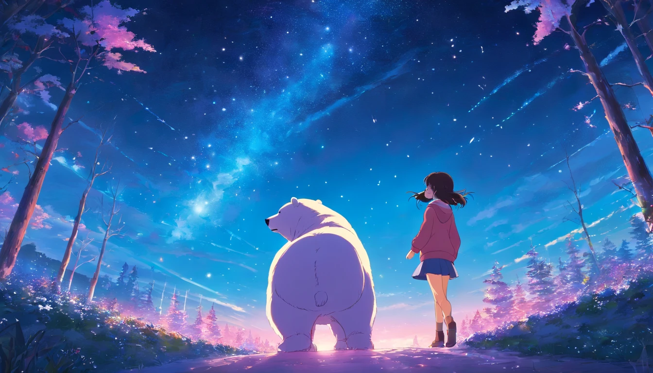 night with many stars in the sky, cotton candy forest,
a polar bear dancing alone, anime style