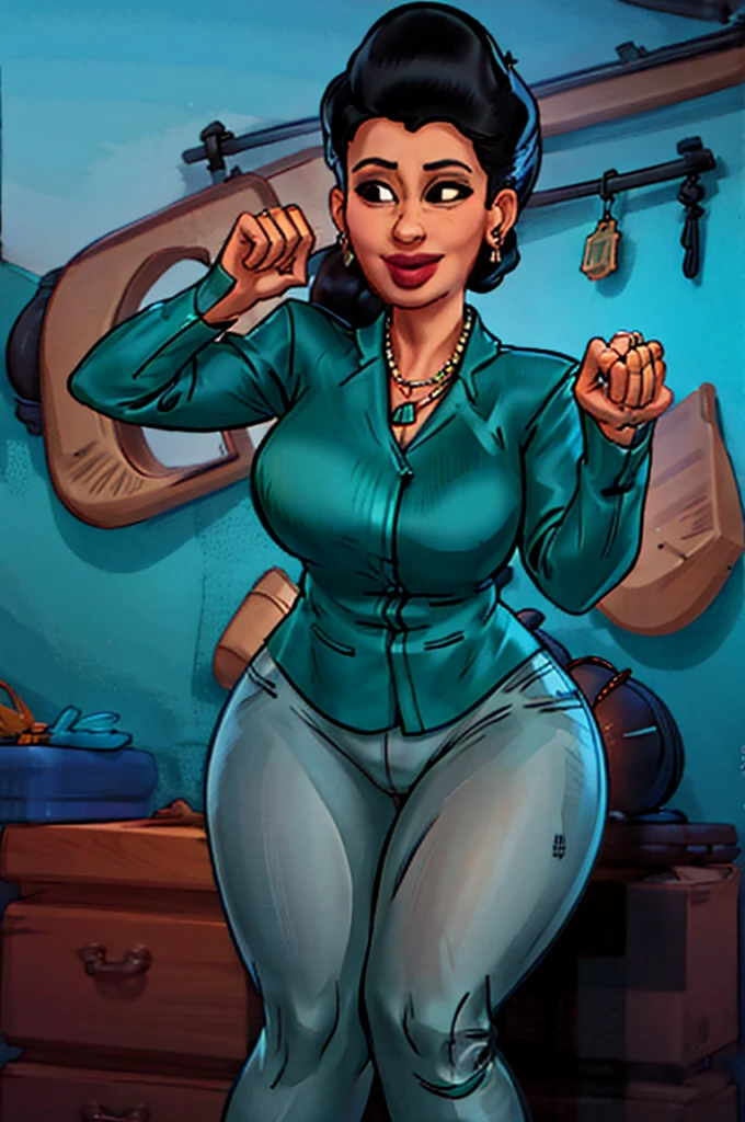 misturar-se, 1 garota, jaqueta verde, pants, colar, sorridente, (curved), cidade, dynamic pose, milf, obra de arte, melhor qualidade, detalhe extremo, 8k, nitidez da imagem