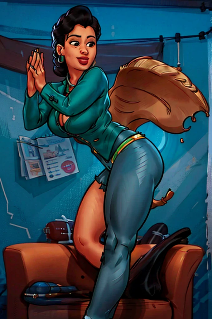 misturar-se, 1 garota, jaqueta verde, pants, colar, sorridente, (curved), cidade, dynamic pose, milf, obra de arte, melhor qualidade, detalhe extremo, 8k, nitidez da imagem
