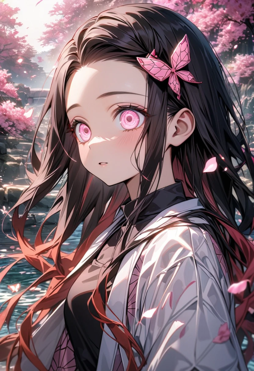Ultra detailed, Highres, absurdres, HDR, Kamado Nezuko, black long hair, expressive pink eyes, white long coat with patterns, Kimetsu No Yaiba, pink flowers, petals, extremely beautiful, woman, solo, very detailed eyes and face, water, pink butterflies, black t-shirt, master piece,