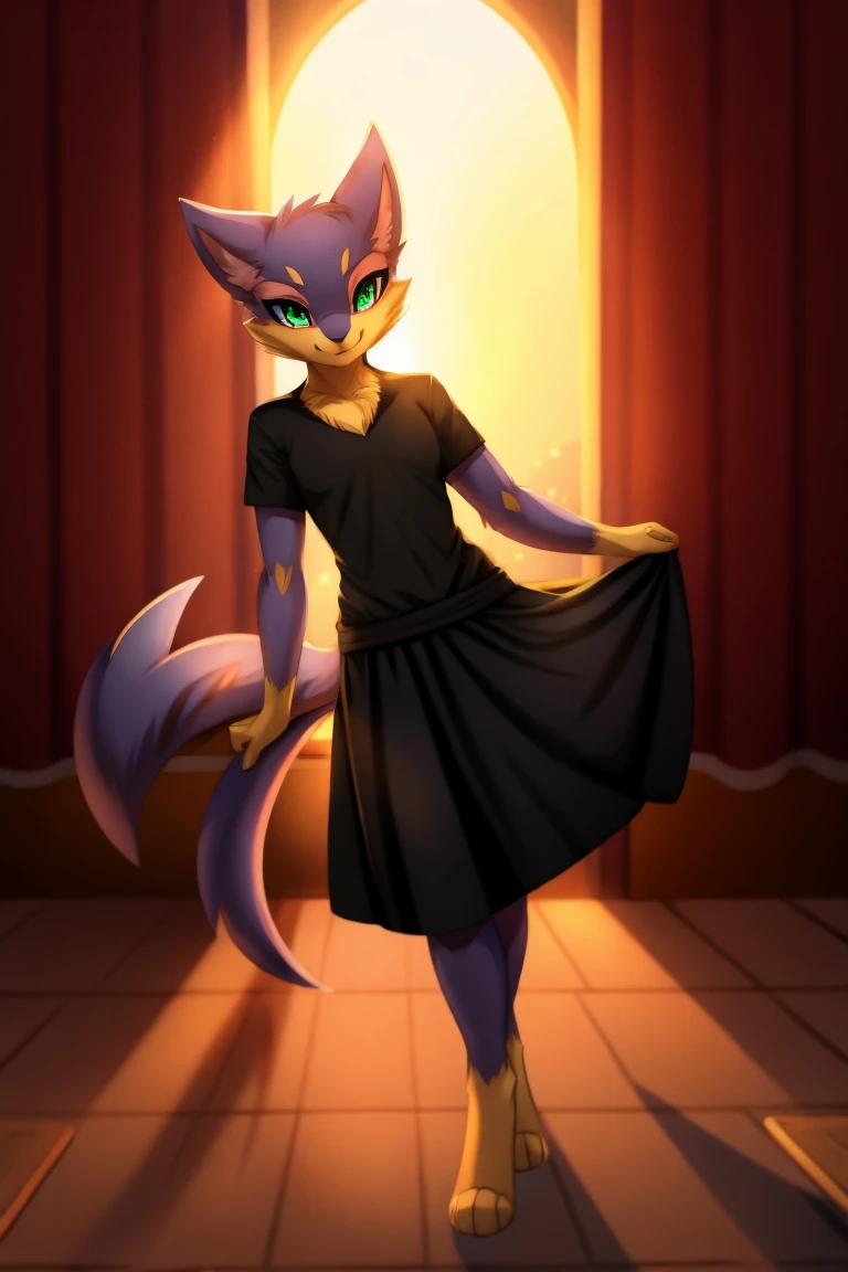 By zinfyuu on pixiv,by twistedscarlet60, uploaded on pixiv, by fluff-kevlar, (masterpiece), (best quality), (anthro furry:1.3, snout:1.2, anthro:1.3, furry:1.2, solo female:1.2), (extremely detailed:1.3), (Detailed eye part: White lens,green iris,black cornea), tall, slim body, sweet smile, wear Black tshirt and long skirt, liepard
