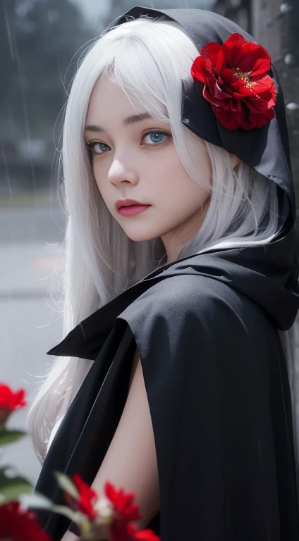 1girl,solo,1girl,solo,((beautiful detailed eyes)), (detailed light),depth of field,(white hair),silver eyes,hair over one eye,(red flower ), hair flower,long hair,black cloak,wet,emotionless,looking back,night,starfall,raining,fog,red flowers falling,sketch,upper body,intense shadows,