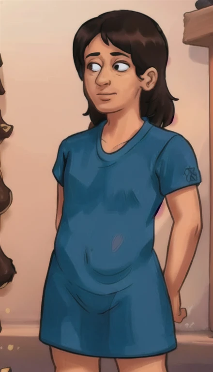 personagem masculino, Pele amarela, cabelo preto comprido, camisa branca, gola e mangas pretas, O estilo Simpson, foto de perfil, Perspectiva frontal, Olhando para o visualizador, nariz pequeno, boca fechada, donut pattern background, donut rosa fosco com granulado,