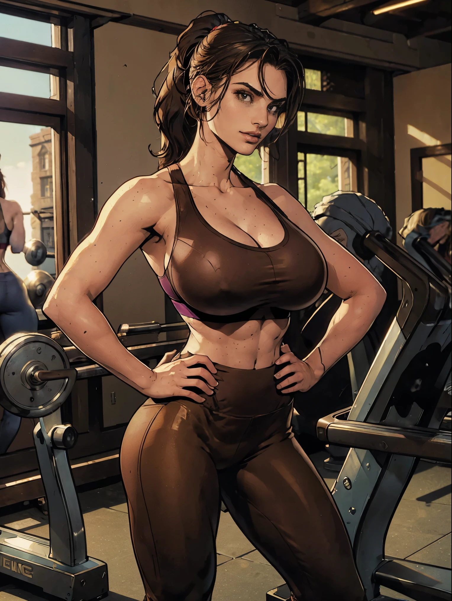 (masterpiece, top quality, best quality, official art, beautiful and aesthetic:1.2), (1girl:1.3), (gorgeous face), light freckles, fair skin, brown hair, extremely detailed, portrait, looking at viewer, solo, (full body:0.6), detailed background, close up, (airy modern theme:1.1), extremely busty gym girl, ponytail, big lips, arched back, flexing her bicep, charlatan, smirk, mysterious, sstanding in the gym, sports bra, leggings, headphones, wet, workout gear, weight machines, windows, modern gym, well-lit, thin and toned physique, gigantic breasts, cleavage, skindentation, slim waist, slim hips, long legs, modern (gym interior:1.1) background, dark mysterious lighting, shadows, magical atmosphere, dutch angle,