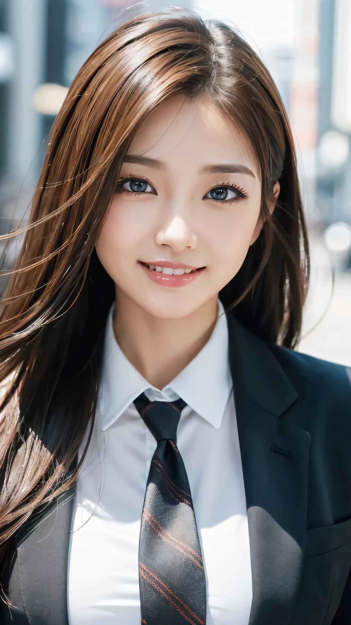table top、highest quality、genuine、Super detailed、finely、High resolution、8k wallpaper、one beautiful woman、、、light brown disheveled hair、wearing a business suit、sharp focus、perfect dynamic composition、beautiful and detailed eyes、thin hair、Detailed genuine skin texture、smile、model body shape、In Tokyo at morning、
