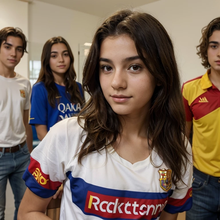 A young Spanish teenager with the Barcelona shirt very pretty with wavy hair and boys watching her 