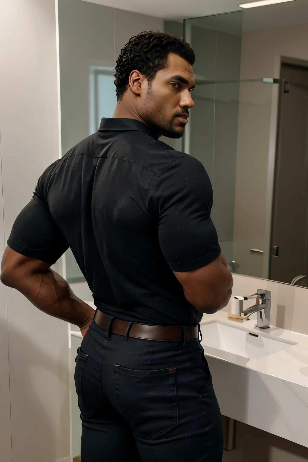 Un hombre negro con la cara se parece a Henry Cavill. Black man, Su cuerpo es musculoso y pe barba dentada.  Big butt, in a moment of reflection. Full body. Camisa Fajada, ropa semi formal, pantalon gris, backside. 