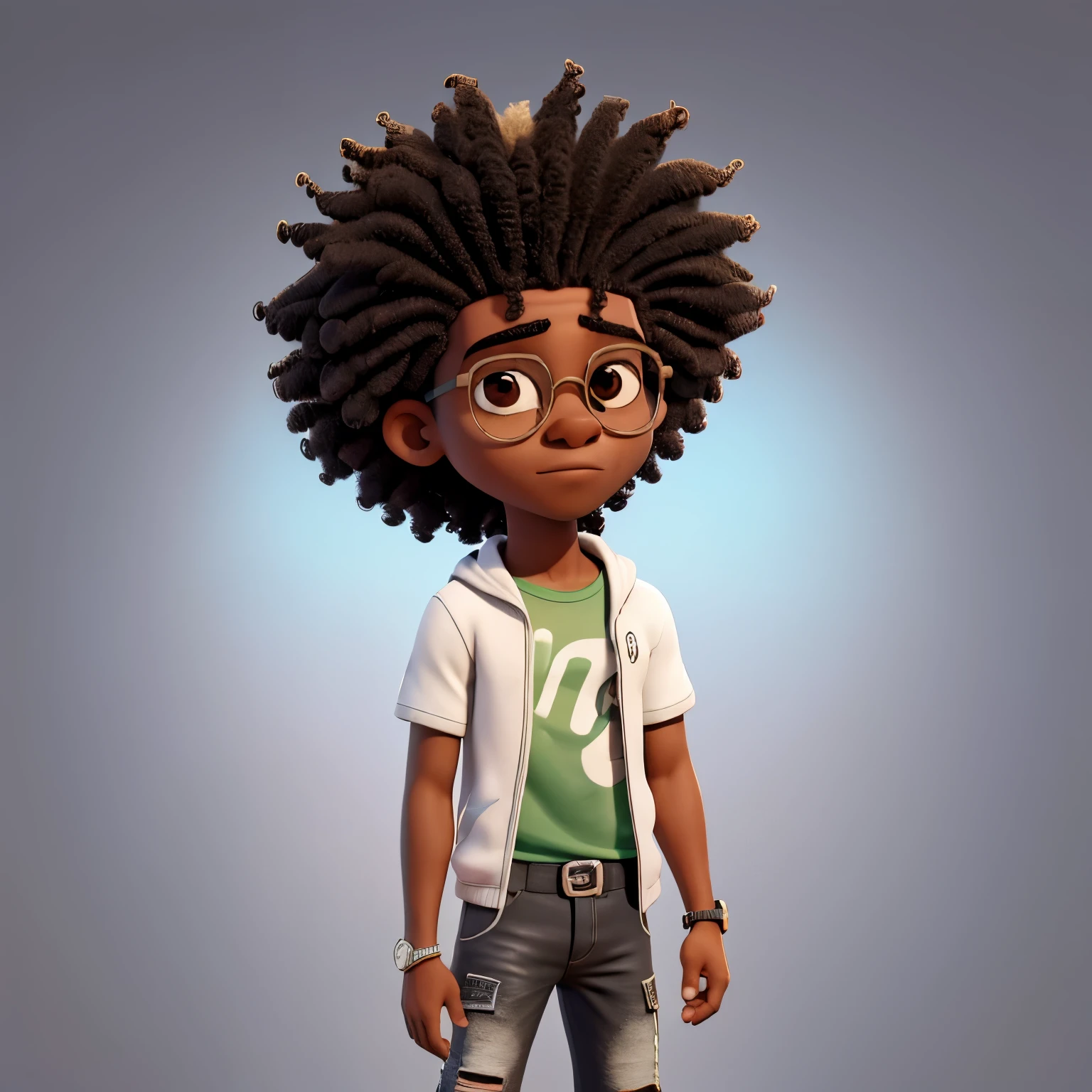 melhor qualidade, high resolution, imagem distinta, jovem afro, masculino, magrinho, with round sunglasses , alto, cabelo curto raspado nos laterais  e t-sherts branco, suspensorio, black jeans pants , sapato branco , as an expression of broken heart 