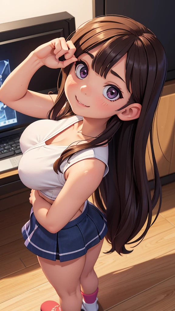 Ultra realistic 5 , 2 girl, obra maestra, mejor calidad, alta calidad, defined, detailed, HD, (piel morena), ojos definidos, ojos cafes intensos, long eyelashes, small mouth, sonrisa, very long hair, pelo liso, pelo oscuro, cuerpo reducido, bosom barely contained, big breasts, sexy, sin sostenes, no bra, excitada, pezones erectos, nice view, full body, nice body, nice hands, nice fingers, perfect fingers, abierto, mojada, sudada, caliente, tight, sonrojada, no socks, peinada hacia atras, pose lasciva, petites, ((no skirts)), ((lil sister)), hot big sister, barely covering, lean, unaware, heat, finishing, fuckeable, touching, camera from above, looking up sis, from back, backwards, behind, shorty, (close up), (((gamer girl))), streaming