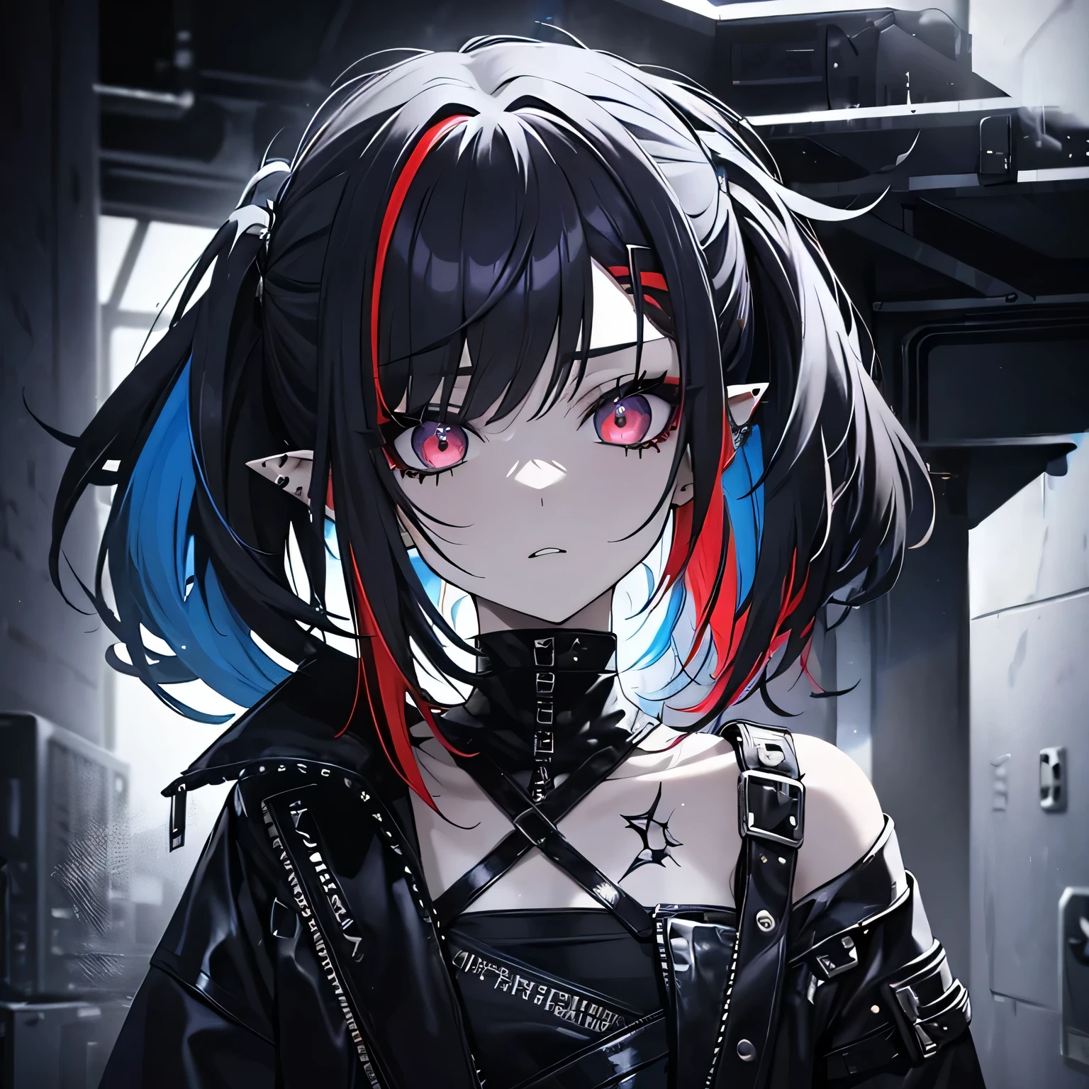 (masterpiece,Best quality,ultra detailed),1 girl,sloppy hairstyle,To me,Thick hair,long bob, multicolored hair,blue, red and yellow hair,aesthetic hairstyle,Pointed ears,beautiful and detailed face, detailed eyes,Rock punk fashion,night,fog,I look at the viewer,,((gray theme)),((rock punk theme)),