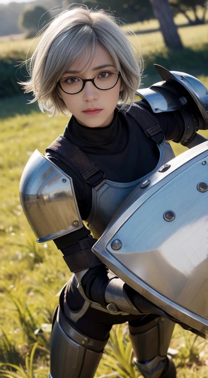 masterpiece , a girl, in a field, ( lite white short hair:1.2), (red eyes:1.2), (Crausader:1.2), (looks at the viewer:1.3) , (8k, best quality 1.2), ultra-detailed, 8k uhd, soft lighting, extra quality, film grain, beautiful lighting, cinematic ,perfect full body , best illumination, best shadow, sharpness, contrast, red glasses, messy hair, , absurdres high detailed face, steel armour, great shield