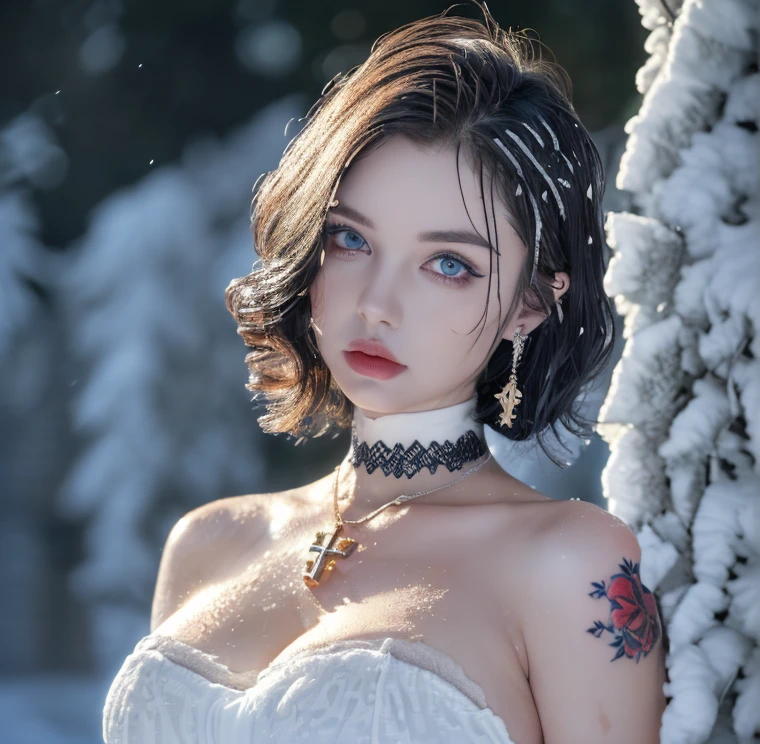1 miniature Beautiful beautiful woman - Yuan Sayuki, ((top quality, 8K, Masterpiece:1.retty woman, 1 woman, huge breasts:1.3, a slim body:1.1, lush GINGER short hair with 2 buns, (shower, wet body, wet clothes:1.1), very detailed face, detailed lips, detailed eyes, double eyelids, Detailed blue eyes, чрезвычайно Detailed Outstanding Blue Eyes, short GINGER wet hair, GINGER wet hair, Detailed Outstanding Blue Eyes, innocent look at the viewer, very wet wavy white hair, Detailed Outstanding Blue Eyes, huge cross earrings, Outdoors, badges behind, gothic maid uniform, sexy maid dress, bare chest, huge chest tattoo, detailed huge catholic cross earrings, chest tattoo, Outside, wear a silver cross (Detailed cross shape), reality mode, wet breasts, black necklace, human crowd behind, black latex gloves, hair of white snowy colour, night time, red neon lights, demonic nun, nimbus (golden lighting ring above her head), angel, snowy weather, sexy pose, white lingerie, black maid dress, detailed flower wreath made of different colours, open chest (tattoo on her chest)