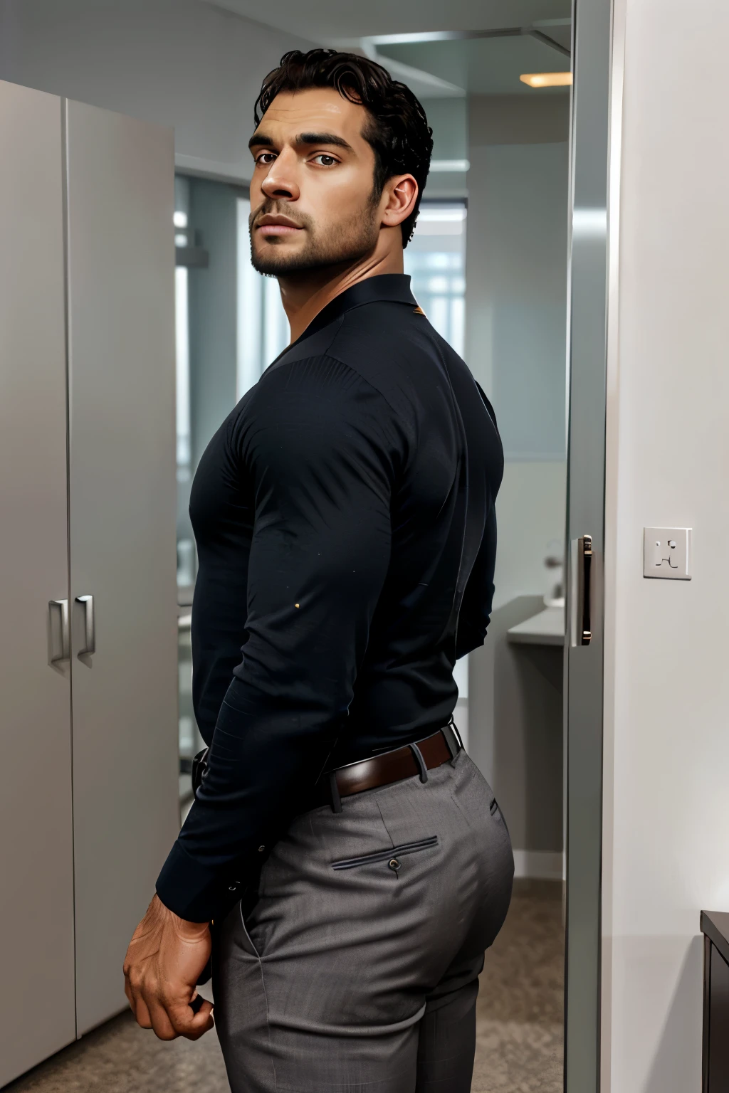 Un hombre negro con la cara se parece a Henry Cavill. Black man, Su cuerpo es musculoso y pe barba dentada.  Big butt, in a moment of reflection. Full body. Camisa Fajada, ropa semi formal, pantalon gris, backside. 