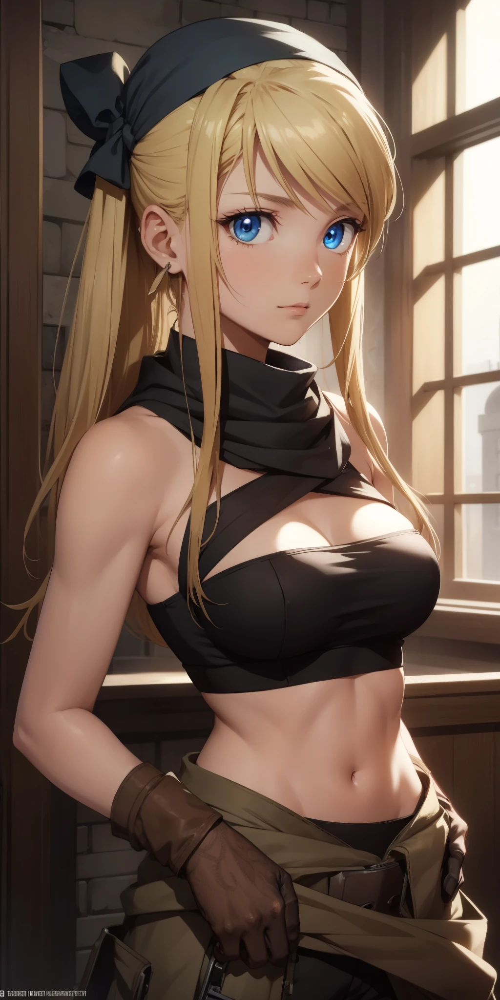 winryrockbell, winry rockbell, blue eyes, blonde hair, BREAK gloves, navel, cleavage, bare shoulders, collarbone, earrings, midriff, pants, stomach, bare arms, strapless, bandana, bandeau, tube top, grey gloves, BREAK indoors, BREAK looking at viewer, BREAK (masterpiece:1.2), best quality, high resolution, unity 8k wallpaper, (illustration:0.8), (beautiful detailed eyes:1.6), extremely detailed face, perfect lighting, extremely detailed CG, (perfect hands, perfect anatomy),