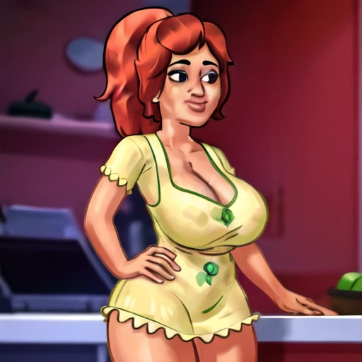 (8k) (high resolution) (melhor qualidade) (obra de arte) hairy female, pelo rosa, olhos rosa, Orelhas de coelho, cauda de guaxinim, presas, cozinha, cooking, Vestido amarelo, Heart, Heart-shaped pupils,