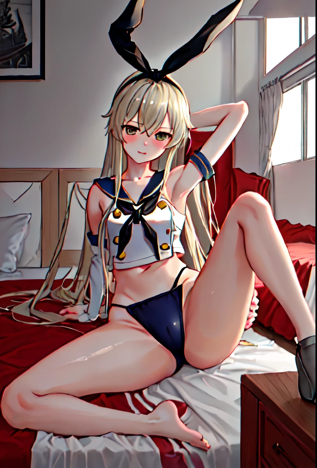 {Safety:1.10}, highest quality, masterpiece, High resolution, alone, {shimakaze_Fleet Collection:0.90}, ((whole body、Sexy pose、On the bed、Spread your legs))