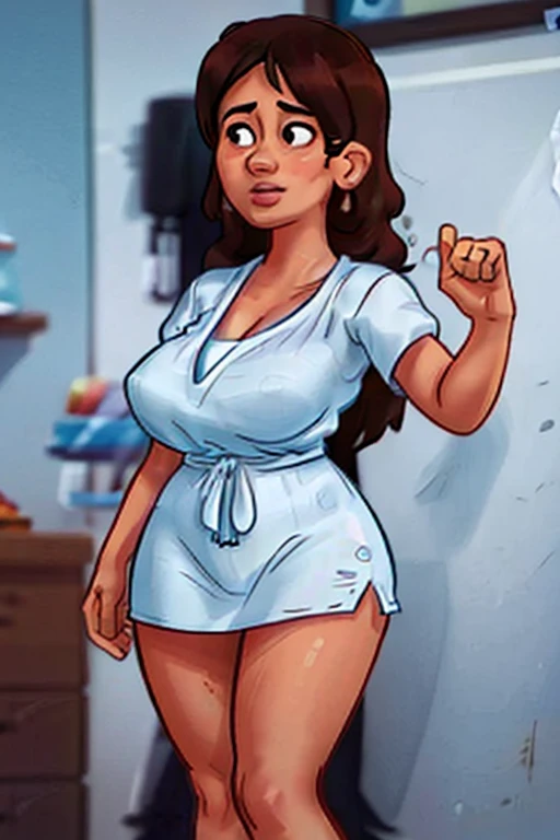 (melhor qualidade), (Maximum quality), (obra de arte), (retrato), (aesthetics), (lindo), (alta qualidade), (professional angle), (rule of thirds), (feminino), (mulher), (Female), (lindo lady), (bunda grande), (longo hair), (peito grande), (obra de arte), (retrato), (aesthetics), (lindo), (alta qualidade), (professional angle), (rule of thirds), (feminino), (mulher), (Female), (lindo), (feminine characteristics), (loiro) Drawing of a chubby teenager in his late teens with rosy cheeks, olhos castanhos, creamy loiro hair. She is wearing a white dress with a prominent bow at the waist.; she's wearing black shoes. She has muscles, tonificado, realistic feet and legs. Your legs are thick, gordo, gordinho, carnudo, voluptuoso, curved, longo, Rubenesco e rechonchudo. Her gordo legs have varicose veins. She is posing with both hands making a victory sign and one leg raised. She is embarrassed and her legs are crossed. The world's sexiest lindo beauty, flesh-colored pantyhose, todo encharcado, cinematic texture, melhor qualidade, Movie poster, soft lighting, cores quentes.