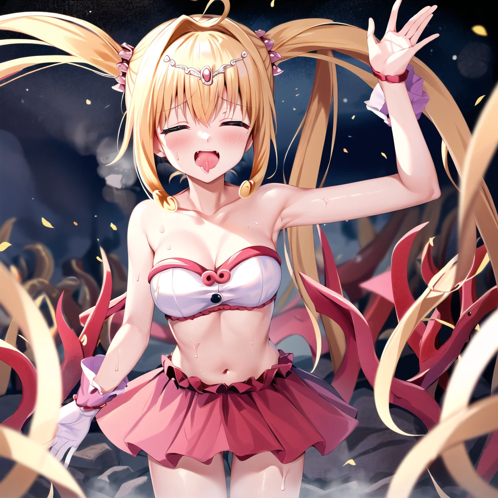 masterpiece, highest quality, High resolution, Hmm., Twin tails, tiara, blue eyes, Long Hair, Ahoge, hair ornaments, Idol, dress, gloves, Are standing, Cowboy Shot, smile, Open your mouth, R18,Tentacles,Tentacles拘束,Tentacles挿入,Tentacles陵辱,Naughty attack,Ecstasy,Costume damage,Naughty expression,Heroine in Trouble,Energy Drain,Untransform,whole body,
steam（mist）,Wet,Sweat,Climax,Eyes closed,Watery eye,