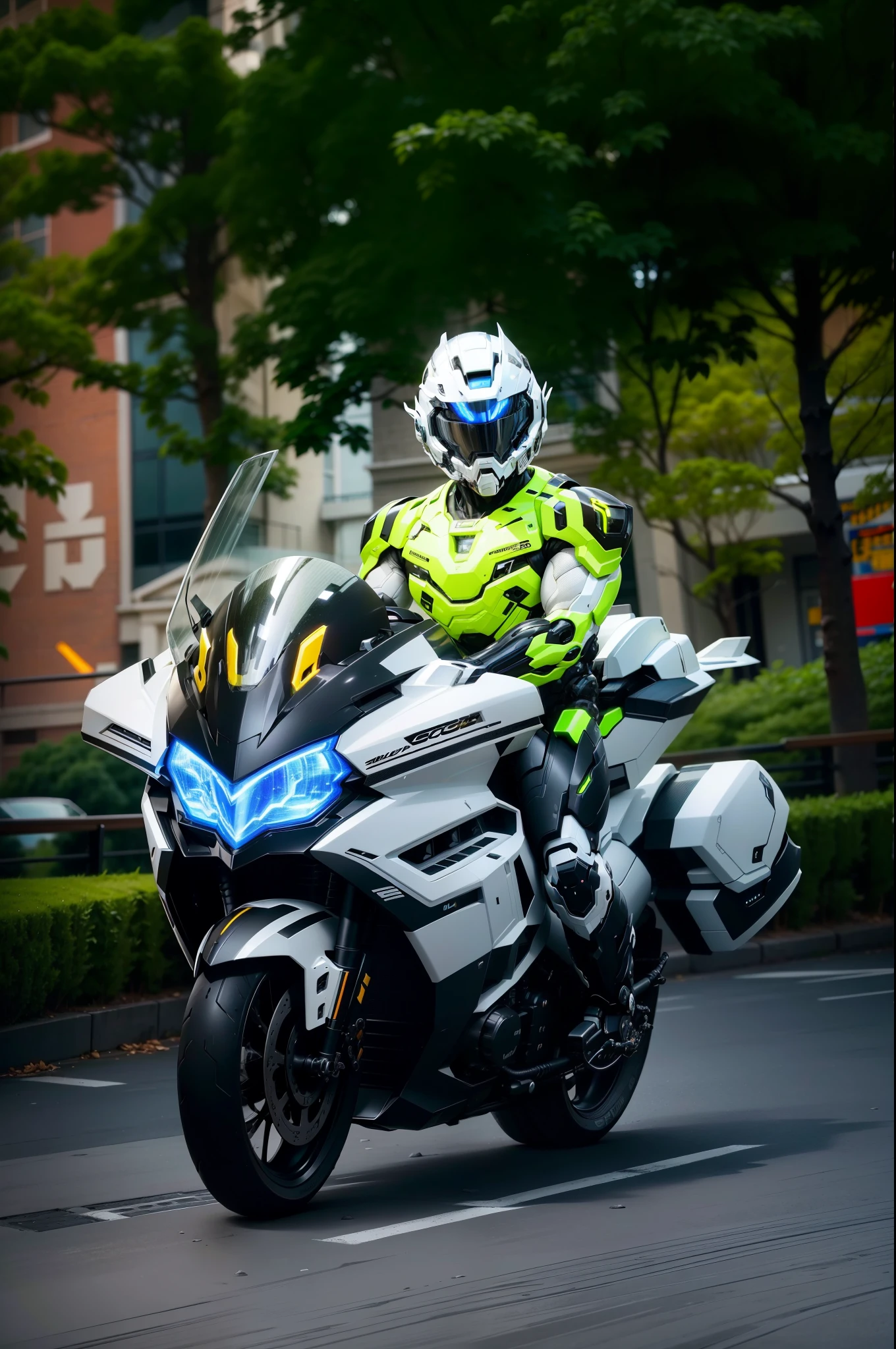 Muscular,Handsome full body black mecha White short hair cyber handsome warrior, Black cybernetic motorcycle, High-tech black full face helmet, White short hair, Noel, biology, MSHN Staff, High-tech helmet, Surrealism, steel, Complex design, Crazy details, Fine details, The lines are very clear, Light, Photorealism, detailed masterpiece