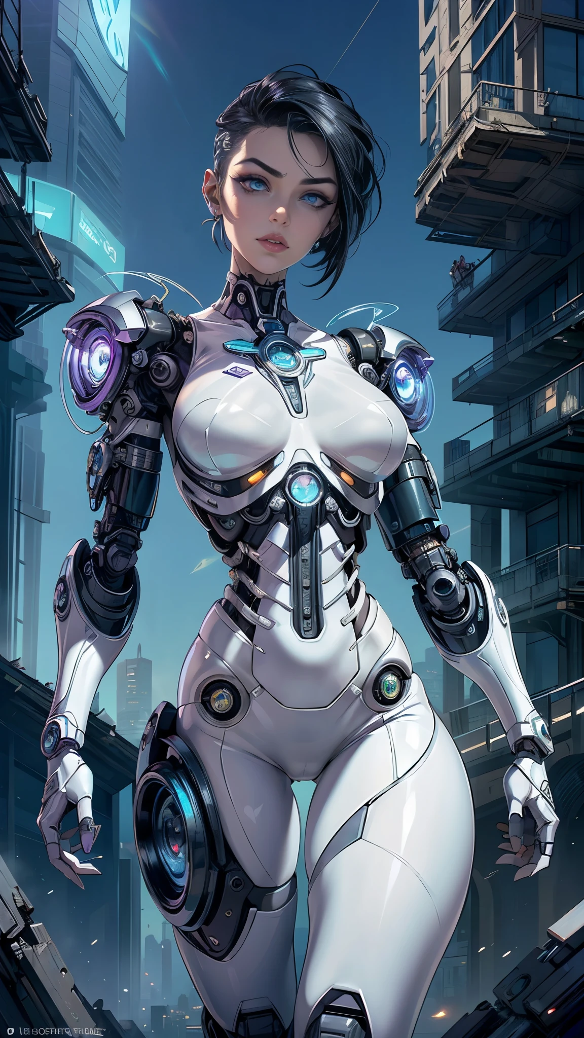 Translucent ethereal mechanical girl.,chica futurista,Junta mecanica,fondo de la ciudad futura, dynamic pose, ,(Fondo de ruinas de mazmorra en ruinas:1.4 ), (cyborg mecánica white plastic transparent :1.4), (Detalles de la cara: 1.5, ojos azules brillantes, hermoso rostro, ojos bonitos, Contorno del iris, labios delgados: 1.5, Thin, sharp pale eyebrows, Long, dark eyelashes, double tabs),