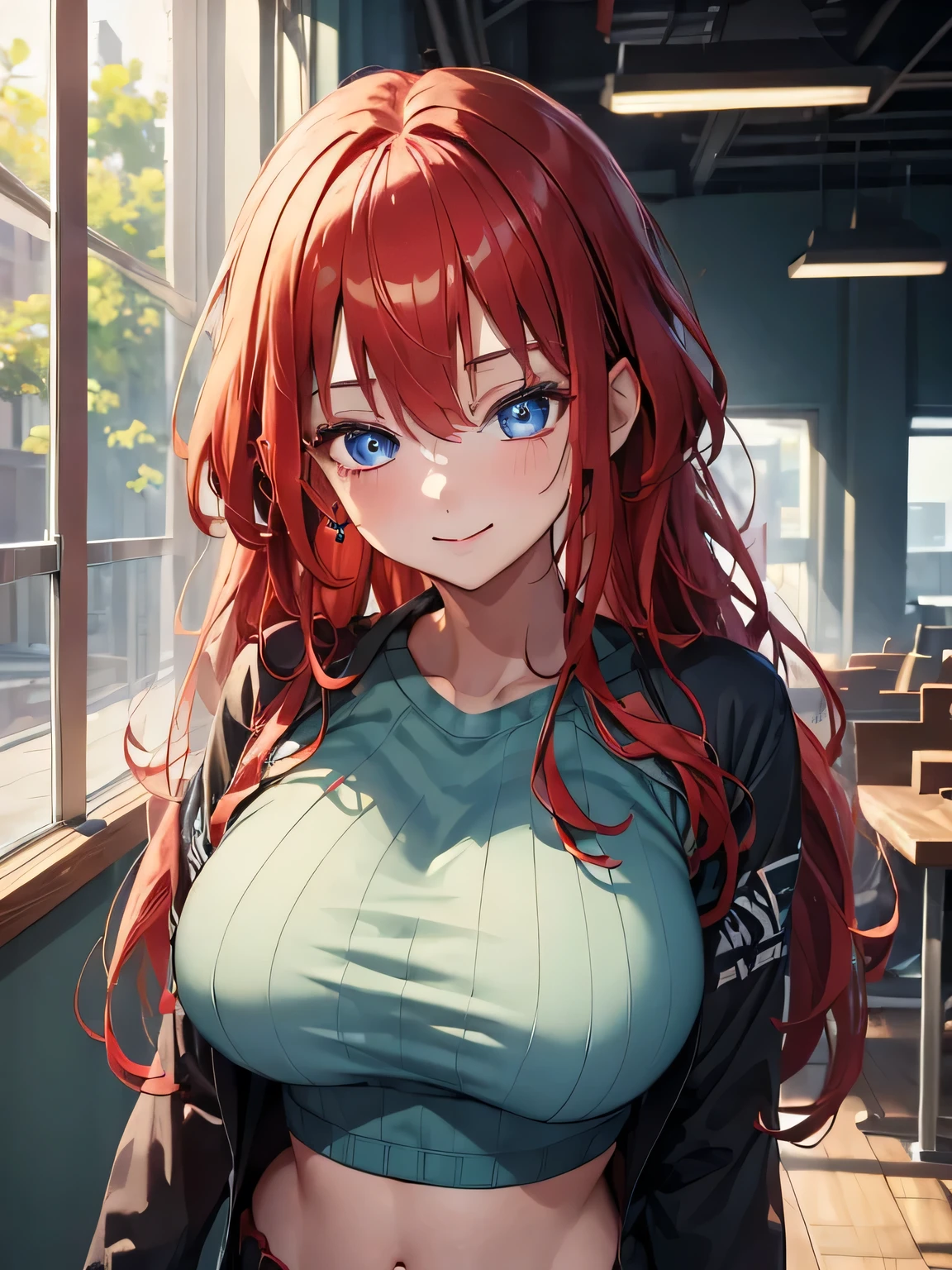 (masterpiece, best quality:1.4), 8k, Red Braided Hair, Black Highlights, Eye covering Bangs, Messy hair, Young adult, anime girl, smile, teasing, light blue Eyes, big chest, Green cropped Sweater, (detailed eyes and face, sharp pupils, realistic pupils:0.6)