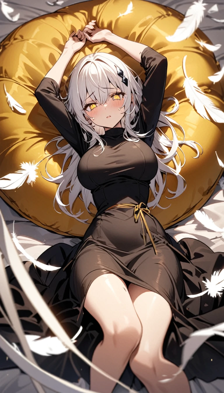 A woman, flowing white hair, melancholy eyes, yellow pupils, black diamond-shaped hairpin, A woman is cutting up a tattered super huge golden silk cushion with scissors in a dirty way. many tiny feathers are dancing. Tattered cushions, She's lying on a super huge golden silk cushion. The woman is tearing up the cushions with scissors, arm support, arms up, incoming hug, pov, reaching, reaching towards viewer, looking at viewer, cowboy shot, dutch angle, lying down,