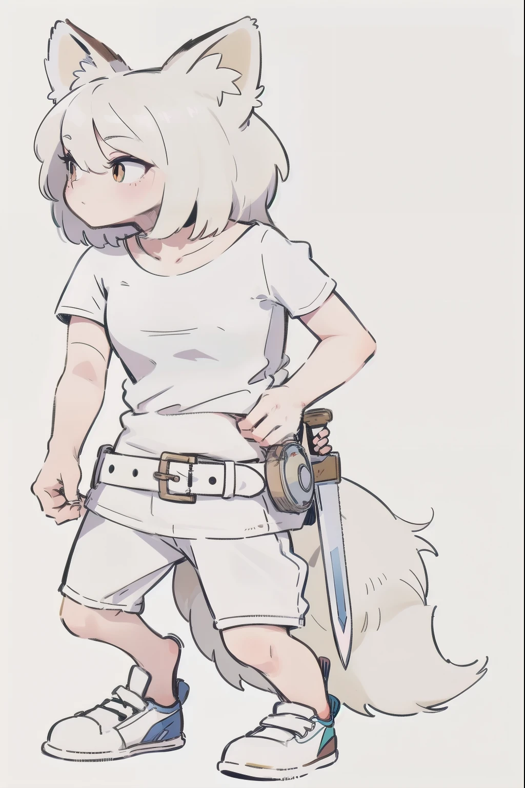 (melhor detalhamento, alta qualidade), humanoid female fox wearing a sword on her waist, long straight hair down to her shoulders, sneakers, t-shirt, fox tail, fox ears