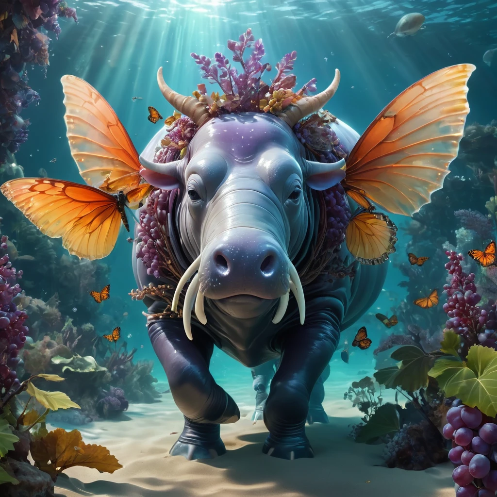 Futuristic ethereal sea cow，science fiction butterflies，future sea cow，sea cow，Fondo de selva futurista，obra maestra，（Fondo de pantalla CG unificado 8k muy detallado），（mejor calidad），（Best Best Illustration），（la mejor sombra），El fondo es un tema forestal.，Con elementos naturales，Flores floreciendo，warm color palette，rodeado de delicadas hojas y ramas，rayos de sol，（elementos de la naturaleza），（tema de la selva），（hojas），grape tree，（hojas exquisitas），（Efecto particula），Isometric 3D，Renderizado por Octano， trazado de rayos，ultra-detallado