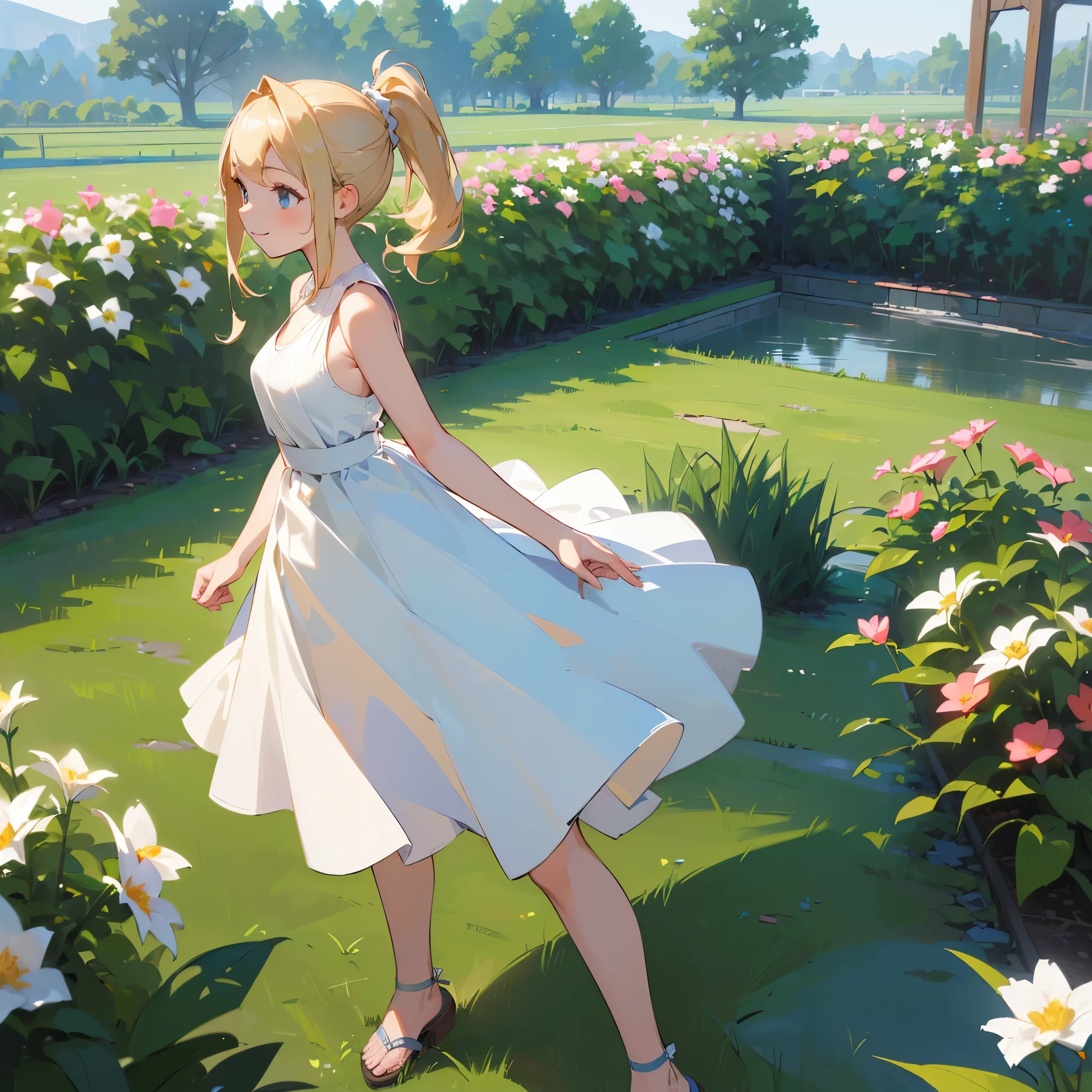 (high quality, High resolution, Very detailed, reality:1.37), Peaceful atmosphere, (Outdoor, garden), girl standing alone, (my breasts are big.), Beautiful details, Cute Smile, (Blonde Ponytail), White sleeveless dress, Sandals.