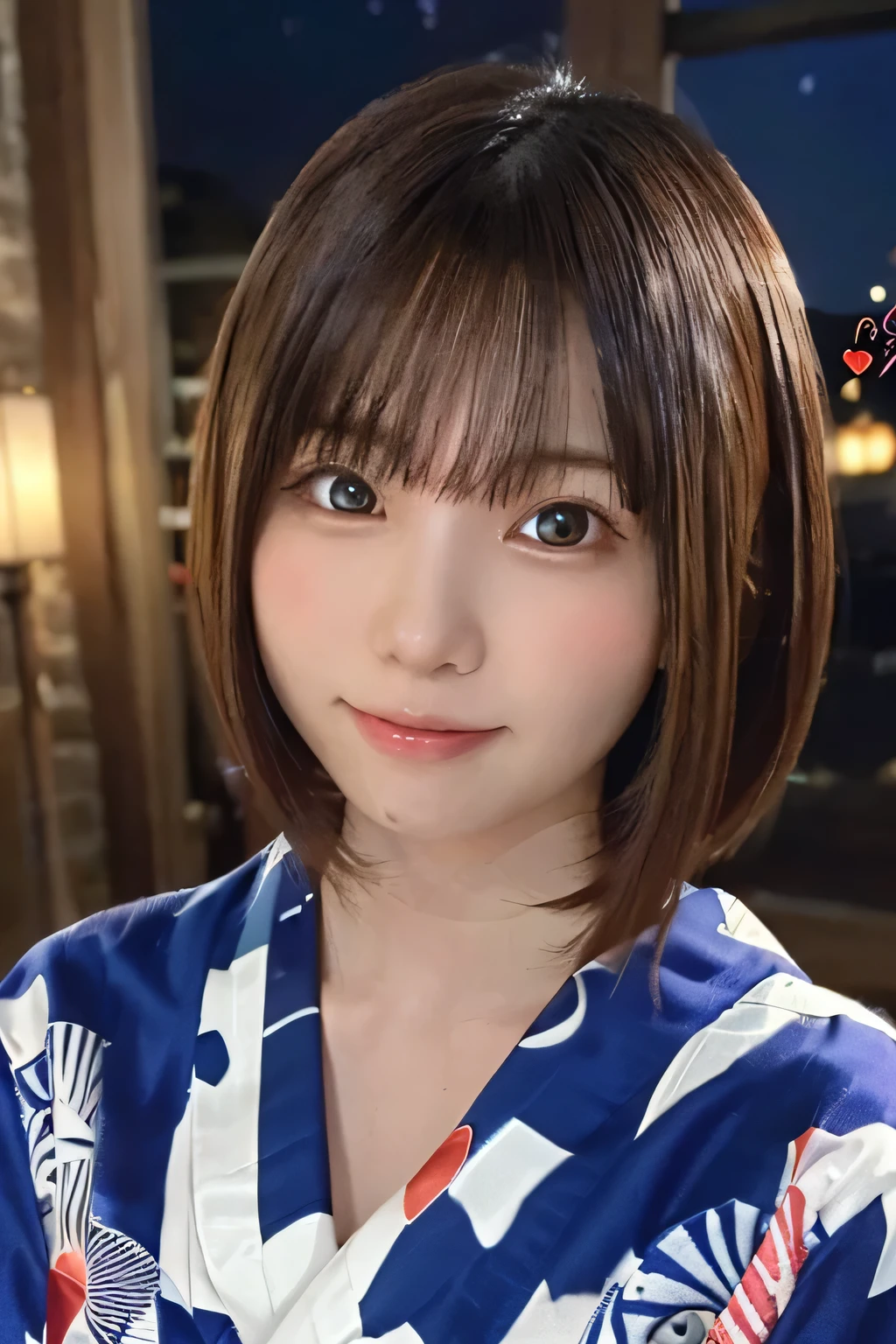 One Girl, (Beautiful girl, Delicate girl:1.3), (:1.3),
break, (yukata, heart:1.3),
break, (in, sit, relax:1.2), (night, Starry Sky:1.3),
break, Very beautiful eyes, (Symmetrical eyes:1.3),
break, Small breasts, Brown eyes, Parted bangs, Brown Hair, (Upper teeth, The best smile:0.2),
break, (Eyes and facial details:1.0),
break, (masterpiece, highest quality, Super detailed, Detailed face, 8k)