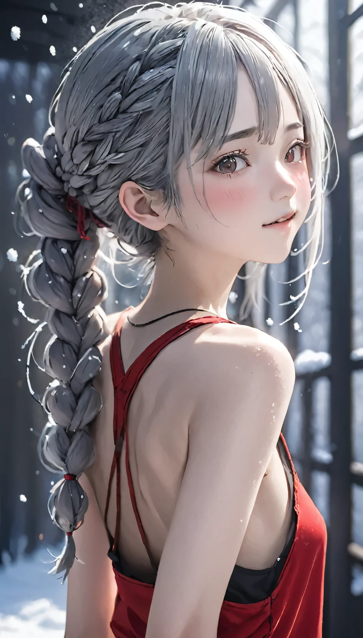 Realistic portraits、Perfect Anatomy、Young Japanese women、Girl with gray hair、Loosely tied braids、Very realistic face、Ultimate beauty、Slender body、Snow-like skin、、Attractive ass、Beautiful ass、(((White tank top and red T-back)))、highest quality、High resolution、High resolution、Cinema Lighting、Professional Photographer
