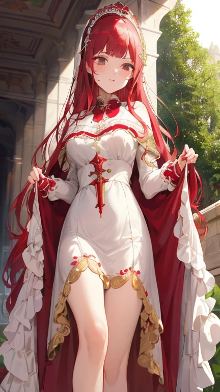 (Obra maestra, mejor calidad),1 chica con pelo largo rojo fresa ,su mano debajo de su barbilla, warm lighting, primer plano borroso,a closeup of a dress on a mannequin with a cross, magia , Ropa elegante real imperial, magiaal school student uniform, dressed like a clergyman, ropa opulenta de color rojo oscuro adornada, crimson clothes, Mezcla de estilo del Vaticano, granate y blanco, esquema de color blanco y sangre, estilo lolita, inspired by the Master of the Legend of Saint Lucia, celebration suit