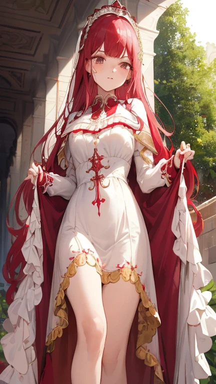 (Obra maestra, mejor calidad),1 chica con pelo largo rojo fresa ,su mano debajo de su barbilla, warm lighting, primer plano borroso,a closeup of a dress on a mannequin with a cross, magia , Ropa elegante real imperial, magiaal school student uniform, dressed like a clergyman, ropa opulenta de color rojo oscuro adornada, crimson clothes, Mezcla de estilo del Vaticano, granate y blanco, esquema de color blanco y sangre, estilo ta, inspired by the Master of the Legend of Saint Lucia, celebration suit