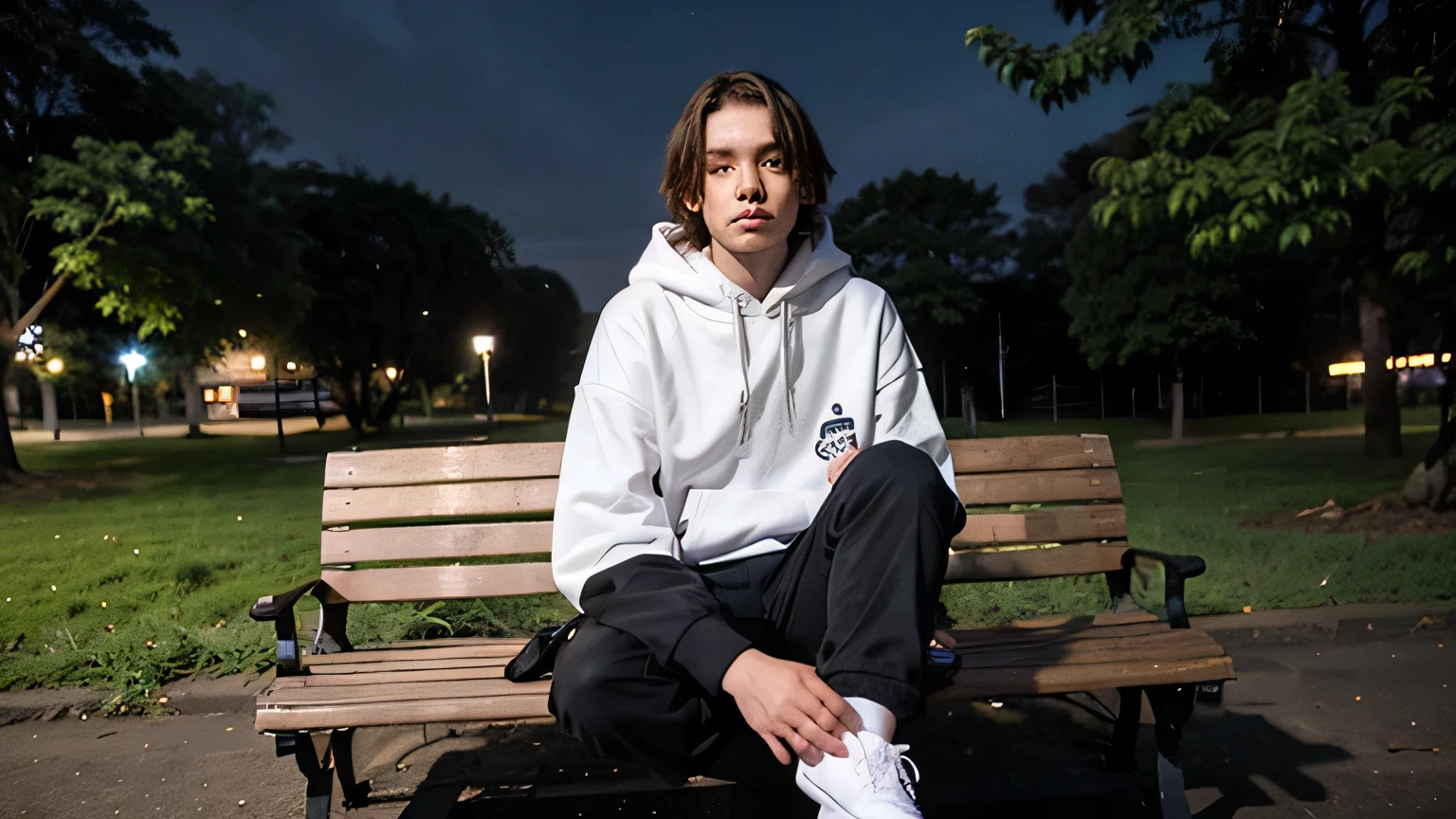 An 18 year old boy with a boyfriend bob hairstyle, wearing a white oversized hoodie and black cargo pants, is sitting on a park bench at night in the countryside
Indonesia