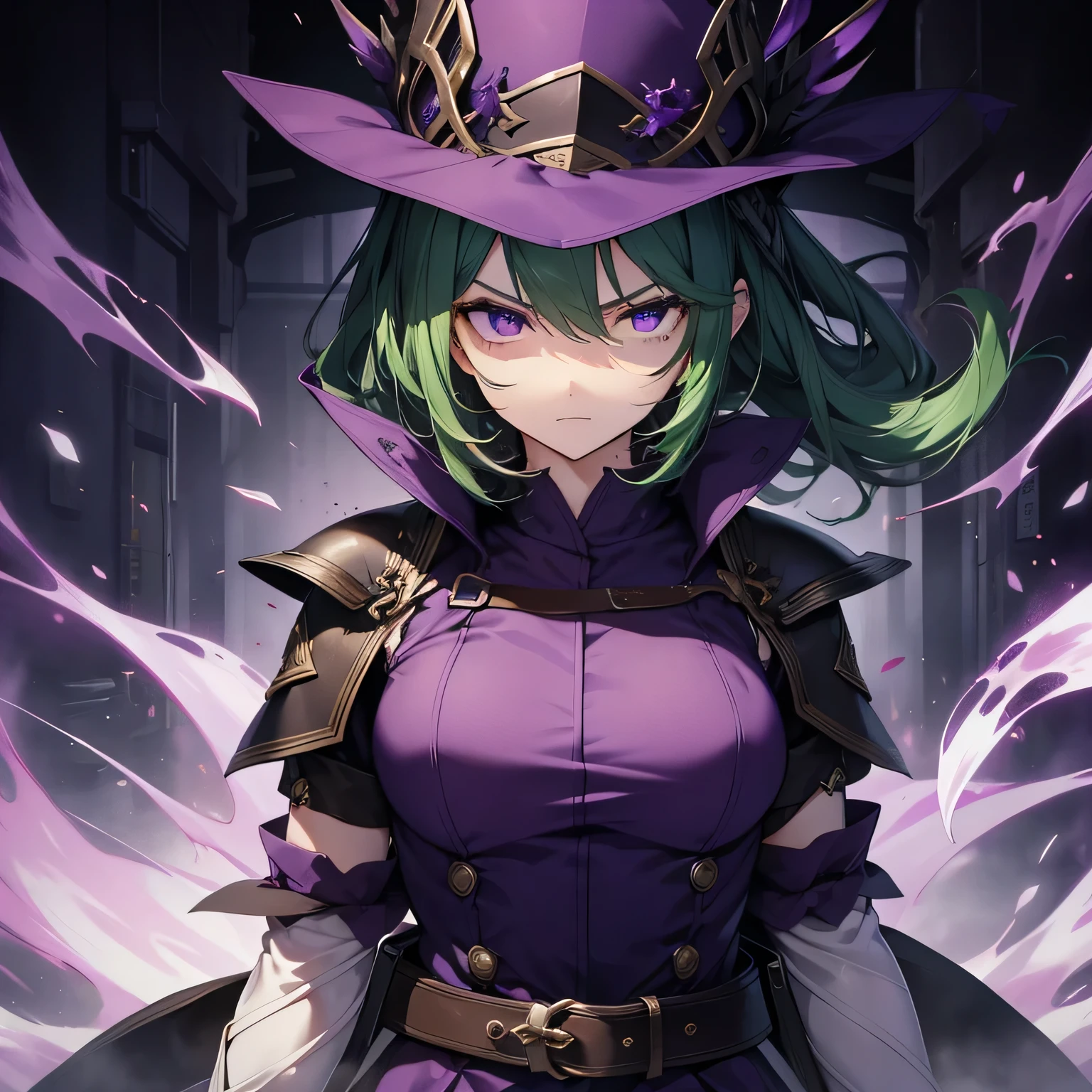 Best image quality、highest quality、Beautiful Eyes、4k、expression of murderous intent、Expressions of hatred、Purple Eyes、Green Hair
