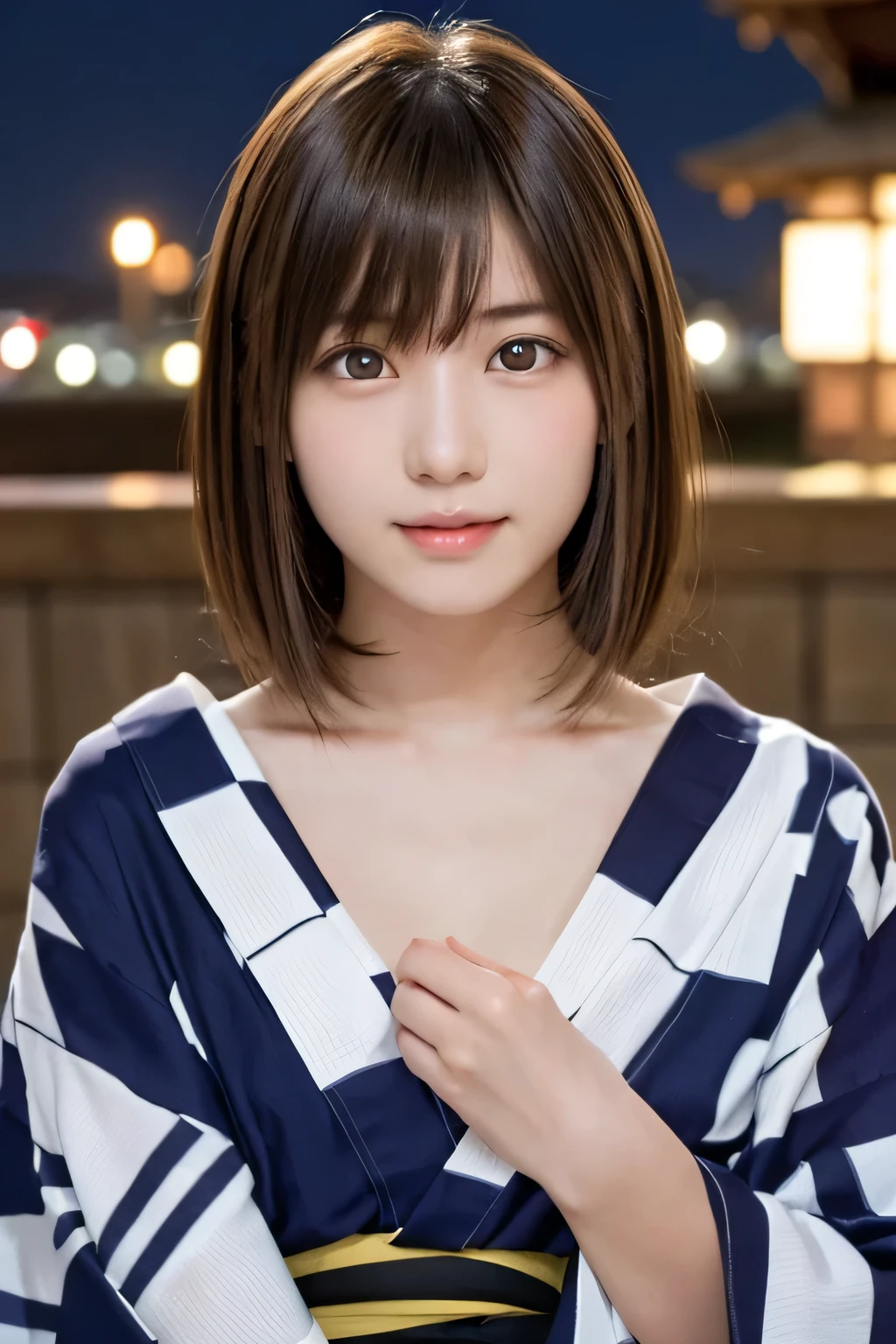 One Girl, (Beautiful girl, Delicate girl:1.3), (:1.3),
break, (yukata, heart:1.3),
break, (in, sit, relax:1.2), (night, Starry Sky:1.3),
break, Very beautiful eyes, (Symmetrical eyes:1.3),
break, Small breasts, Brown eyes, Parted bangs, Brown Hair, (Upper teeth, The best smile:0.2),
break, (Eyes and facial details:1.0),
break, (masterpiece, highest quality, Super detailed, Detailed face, 8k)
