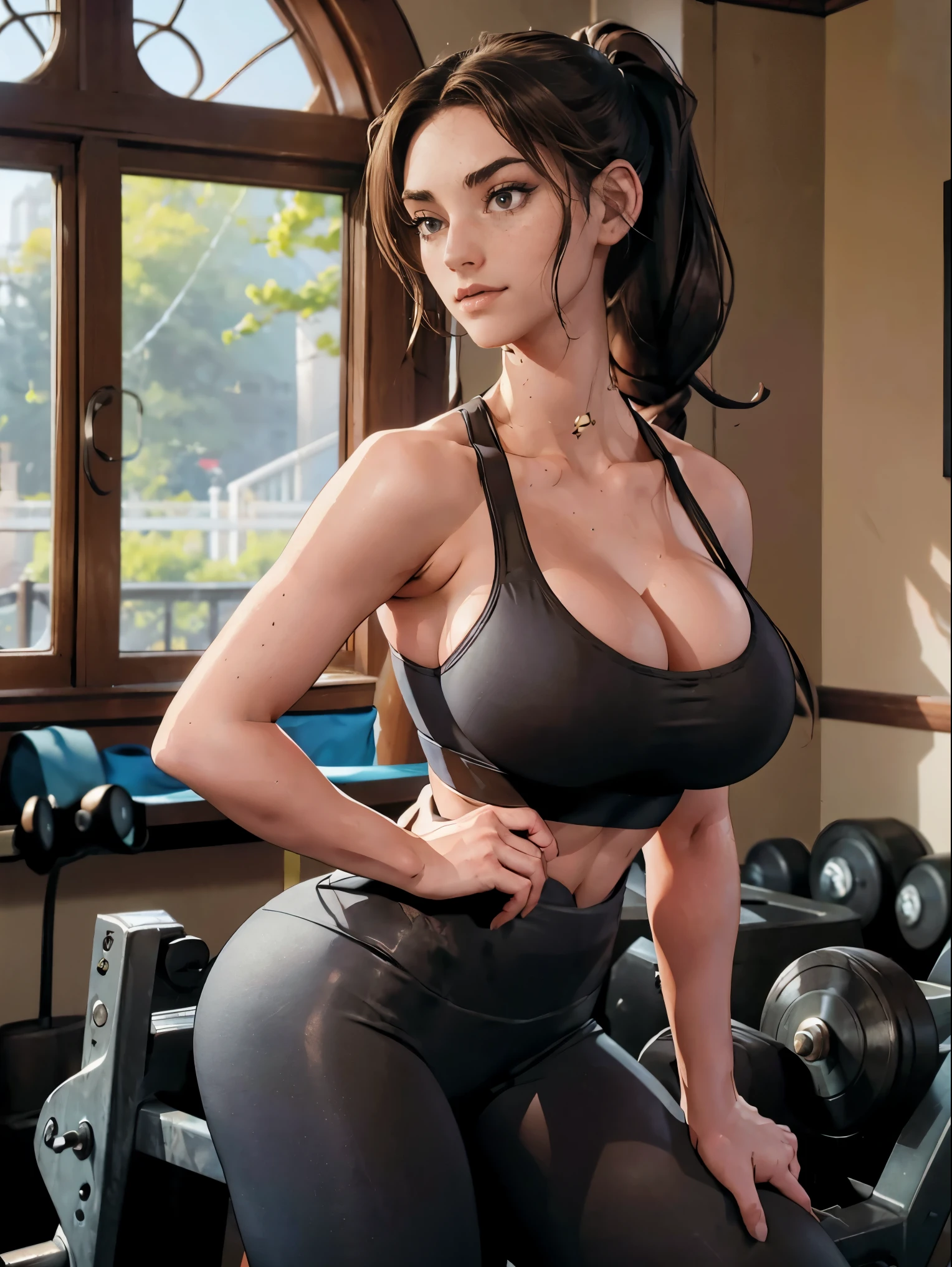 (masterpiece, top quality, best quality, official art, beautiful and aesthetic:1.2), (1girl:1.3), (gorgeous face), light freckles, fair skin, brown hair, extremely detailed, portrait, looking at viewer, solo, (full body:0.6), detailed background, close up, (airy modern theme:1.1), extremely busty gym girl, ponytail, big lips, arched back, flexing her bicep, charlatan, smirk, mysterious, sstanding in the gym, sports bra, leggings, headphones, wet, workout gear, weight machines, windows, modern gym, well-lit, thin and toned physique, gigantic breasts, cleavage, skindentation, slim waist, slim hips, long legs, modern (gym interior:1.1) background, dark mysterious lighting, shadows, magical atmosphere, dutch angle,