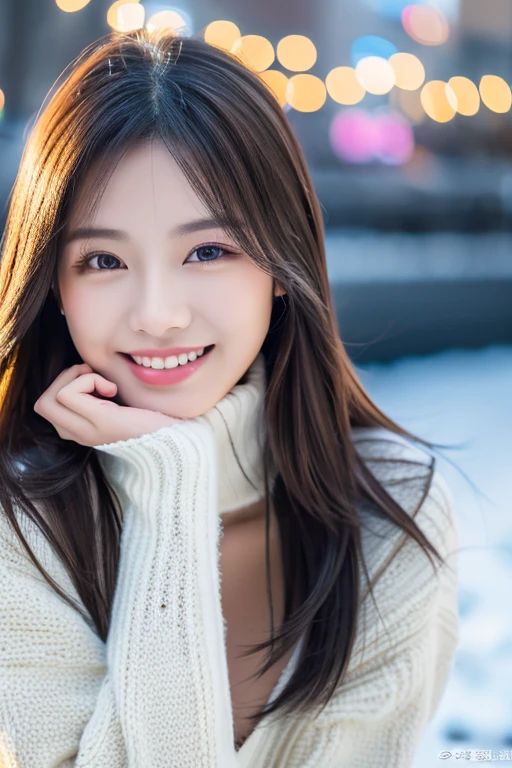 (masterpiece:1.3), (8k, Photorealistic, Raw photo, Best image quality: 1.4), Korean Idols、(Long Hairstyles:1.2)、girlfriend on date、Sitting in a chair facing the front、Cleavage:1.2、Super detailed face、Attention to detail、double eyelid、Put your chest together、Sharp focus:1.5、Beautiful woman:1.4、Light brown hair、highest quality、masterpiece、超A high resolution、(Photorealistic:1.4)、Highly detailed and professionally lit smile、thin、loose knitwear、Serious expression、Deadly position、Snowy winter cityscape、No logo