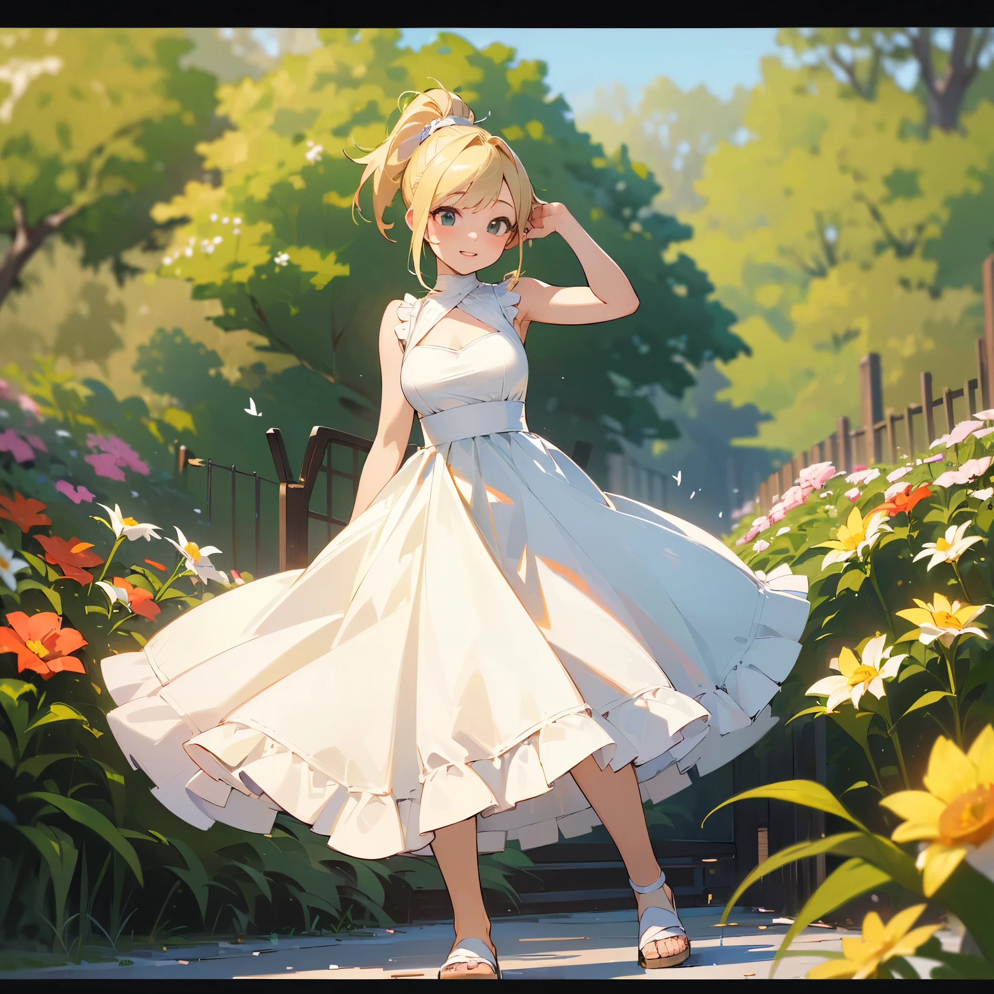 (high quality, High resolution, Very detailed, reality:1.37), Peaceful atmosphere, (Outdoor, garden), age girl standing alone, (my breasts are big.), Beautiful details, Cute Smile, (Blonde Ponytail), White sleeveless dress, Sandals.