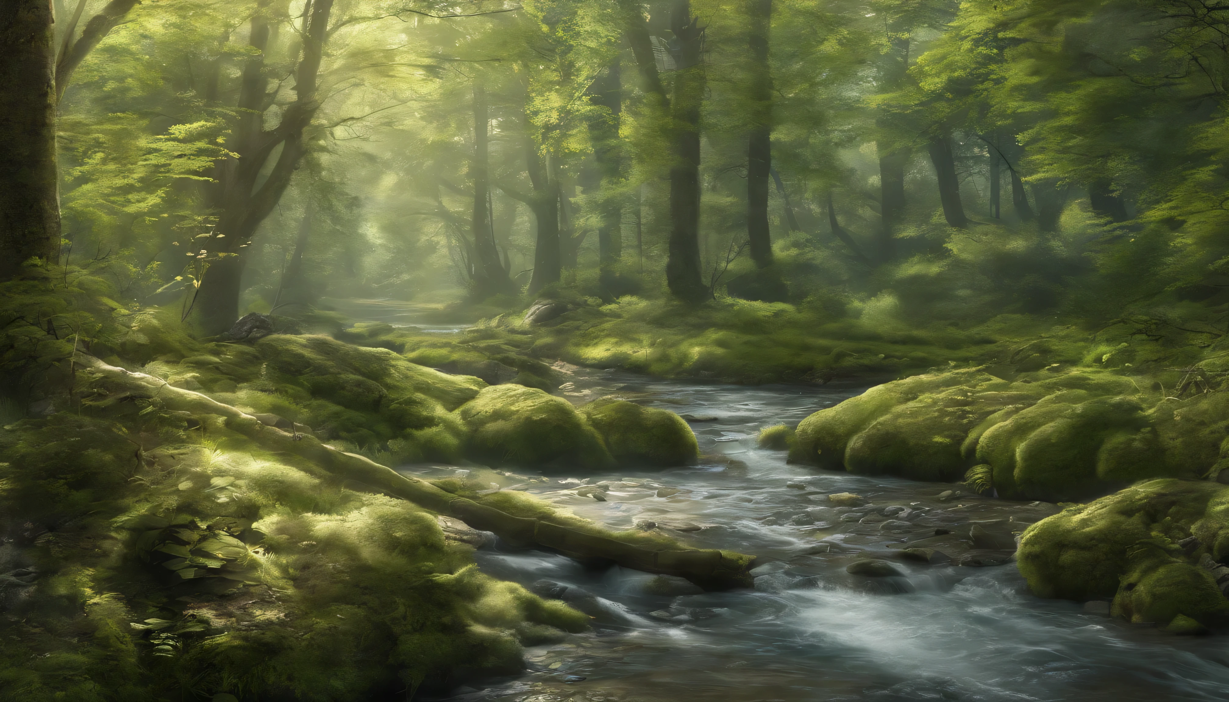 Fantastic forest in spring, Soft Light, greenish lighting, nice, There is a stream/river