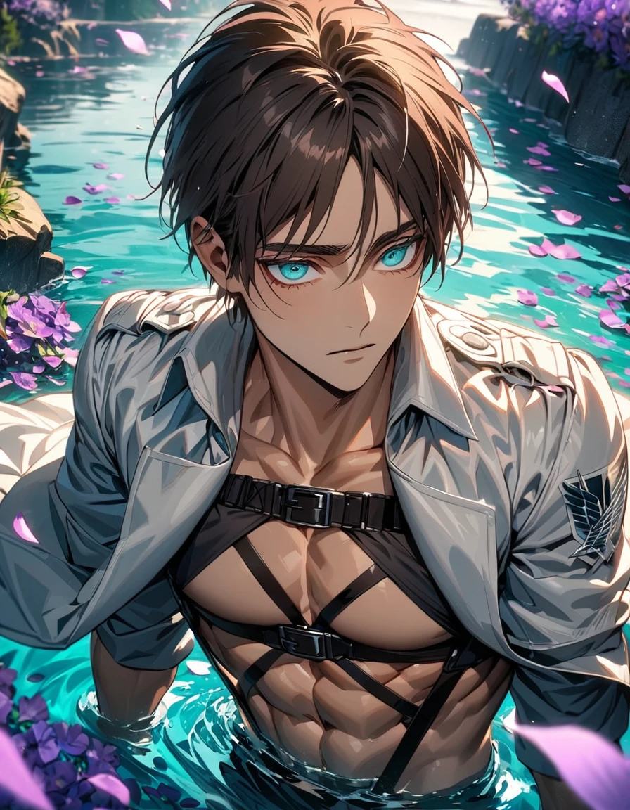 absurdres, highres, ultra detailed, HDR, masterpiece, extremely detailed face and eyes, Eren Yeager, brown hair, expressive turquoise eyes, Shingeki No Kyojin, solo, sexy man, toned chest, handsome, white coat, black tight shirt, water, petals, purple flowers