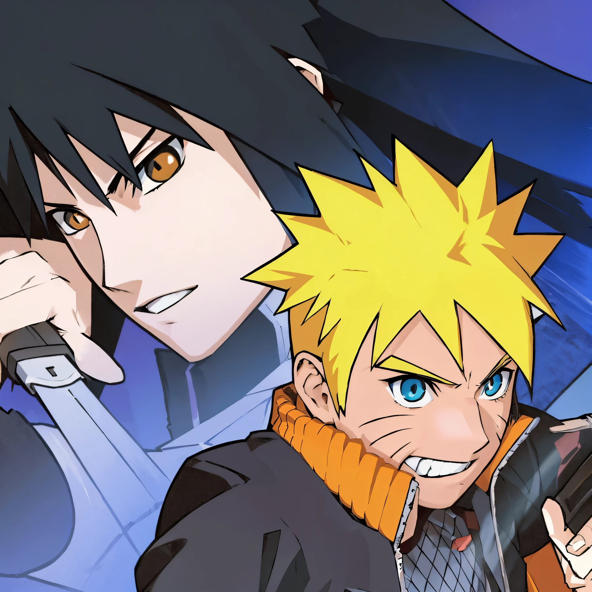 Two anime characters of a boy, one with long black hair and one with short yellow hair, looking handsomely at the camera, with a clean design and simple colours, using full body side perspective, facing forward while looking to the right, in the style of game art. --neon 6 --iw