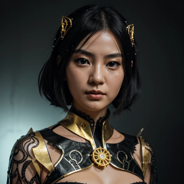 A portrait photo of a Japanese woman in her twenties，Made of white and silver clear glass and plastic, Geisha makeup, Black Hairstyle, Silver and gold metal internal body mechanism, Dynamic poses, Fluid organic structure, Fine carving, Lace design, Glowing golden circuit, colorful Neon decoration, Fine carving, Lace design, Light-emitting circuit, Neon decoration, Artworks by H.R. Giger, Greg Rutosky