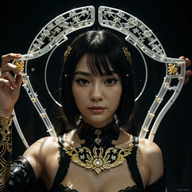 A portrait photo of a Japanese woman in her twenties，Made of white and silver clear glass and plastic, Geisha makeup, Black Hairstyle, Silver and gold metal internal body mechanism, Dynamic poses, Fluid organic structure, Fine carving, Lace design, Glowing golden circuit, colorful Neon decoration, Fine carving, Lace design, Light-emitting circuit, Neon decoration, Artworks by H.R. Giger, Greg Rutosky
