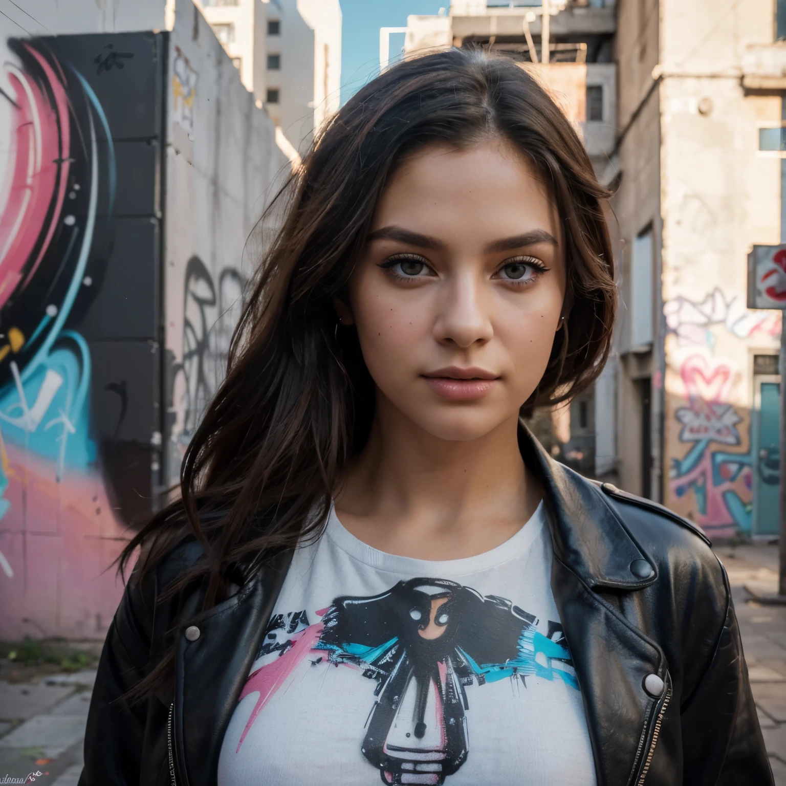 (best quality,4k,8k,highres,masterpiece:1.2),ultra-detailed,(realistic,photorealistic,photo-realistic:1.37),portrait,pink tones,dreamy lighting,beautiful detailed eyes,beautiful detailed lips,extremely detailed eyes and face,longeyelashes,young girl with a confident expression and a fierce attitude,stylish modern outfit with a leather jacket and ripped jeans,standing in a vibrant urban setting with graffiti walls and colorful street art,holding a spray paint can and creating an impressive masterpiece that reflects her personality and creativity,confidently showcasing her artistic talent and individuality in a bold and empowering way