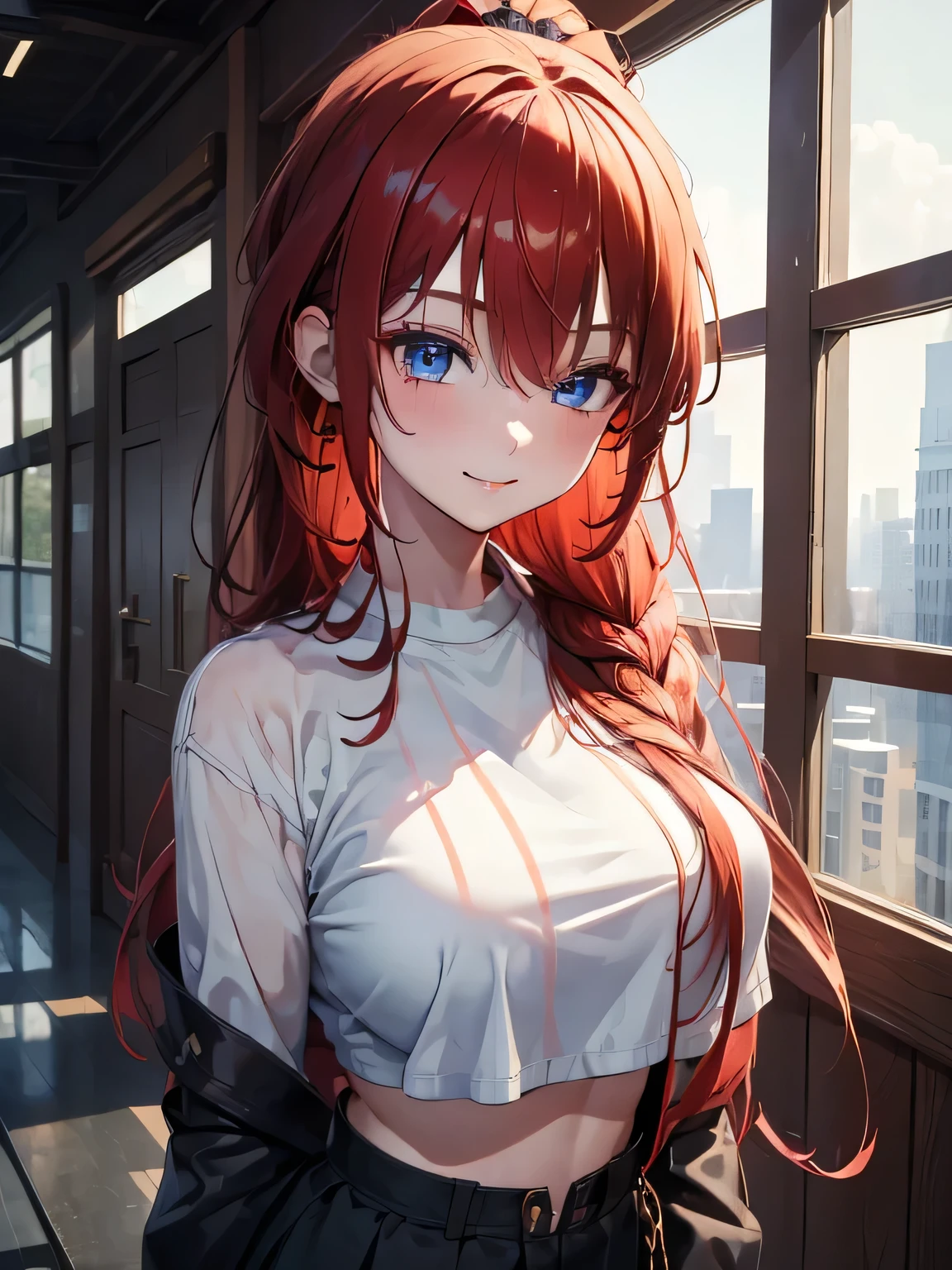 (masterpiece, best quality:1.4), 8k, Red Braided Ponytail Hair, Black Highlights, Eye covering Bangs, Messy hair, Young adult, anime girl, smile, teasing, light blue Eyes, big chest, Green cropped Sweater, (detailed eyes and face, sharp pupils, realistic pupils:0.6)